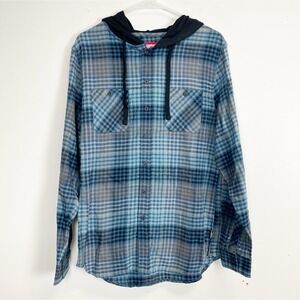 Unionbay Shirt Mens Small Blue Gray Plaid Flannel Hooded Button Up Cotton Blend